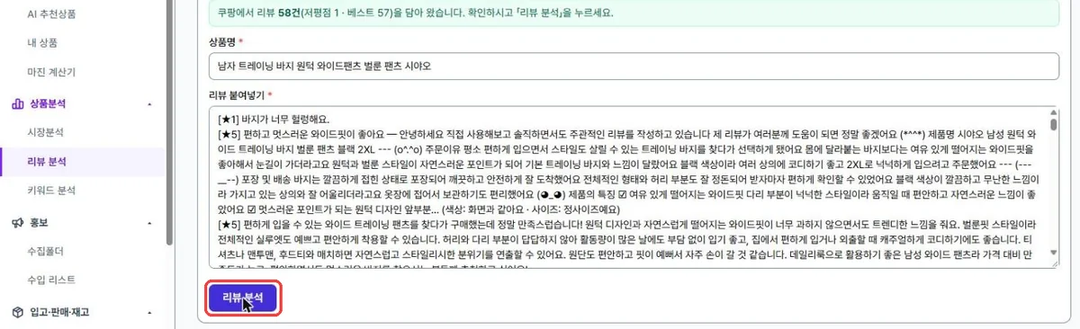 소싱벨 리뷰 분석 화면에 쿠팡 리뷰 58건과 상품명이 채워지고 리뷰 분석 버튼을 누르는 모습